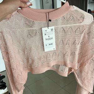 Crop sheer long sleeve pink top, zara, never worn, size M
